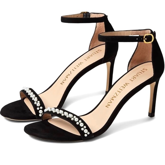 Stuart Weitzman Nunakedstraight Demipearl Sandal Black Suede Stiletto Heel - Picture 3 of 12